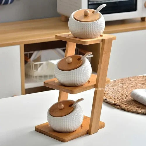 SpiceCeramic™ – Set de Especieros de Cerámica con Base de Bambú